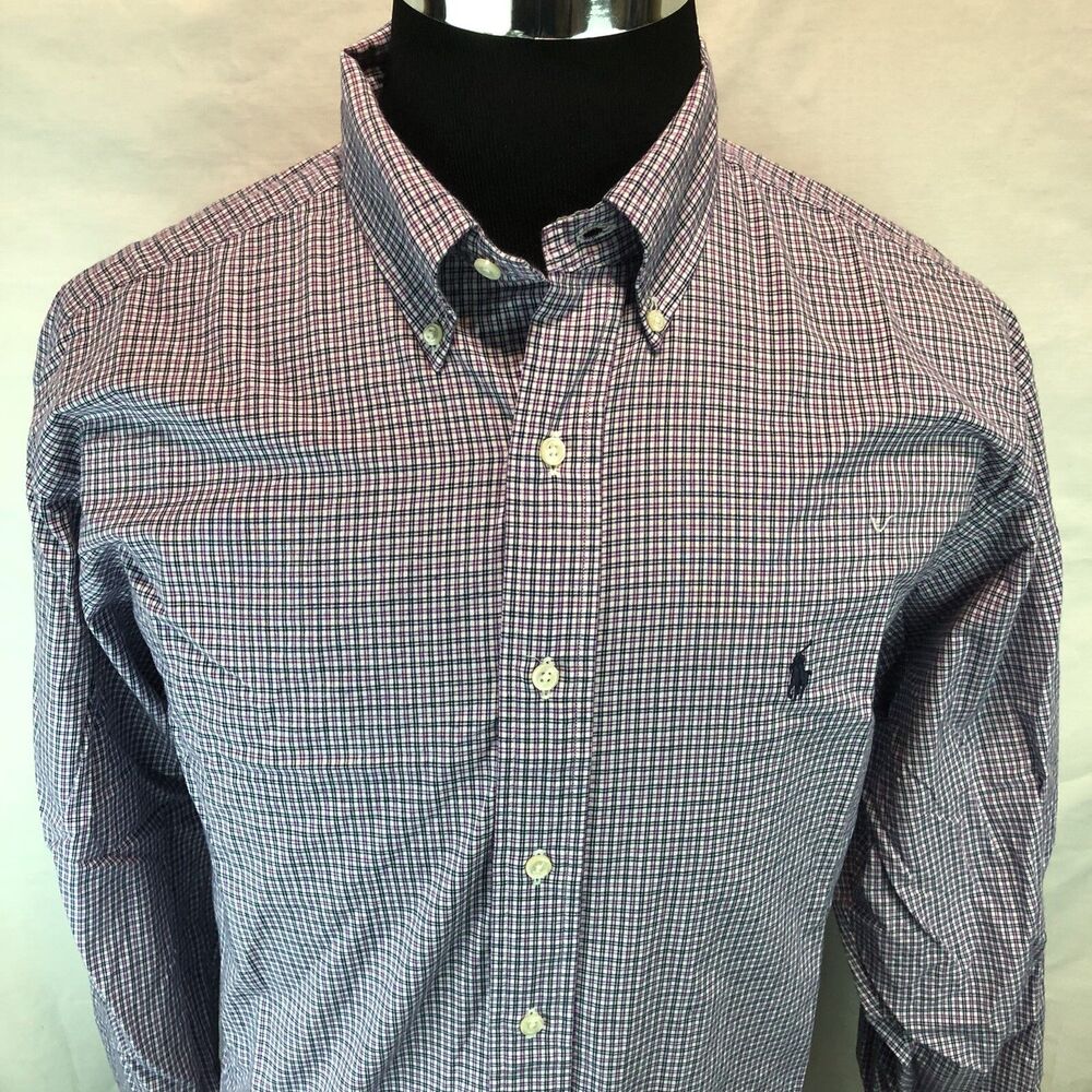 Ralph Lauren Yarmouth L/S Button Down Dress Shirt Purple Blue Plaid 17 34/35 AA4